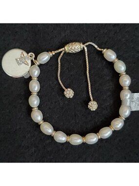 Beaded Pearl Bracelet Silver Tone White Rhinestone Pull Chain 6-9.5" Anklet